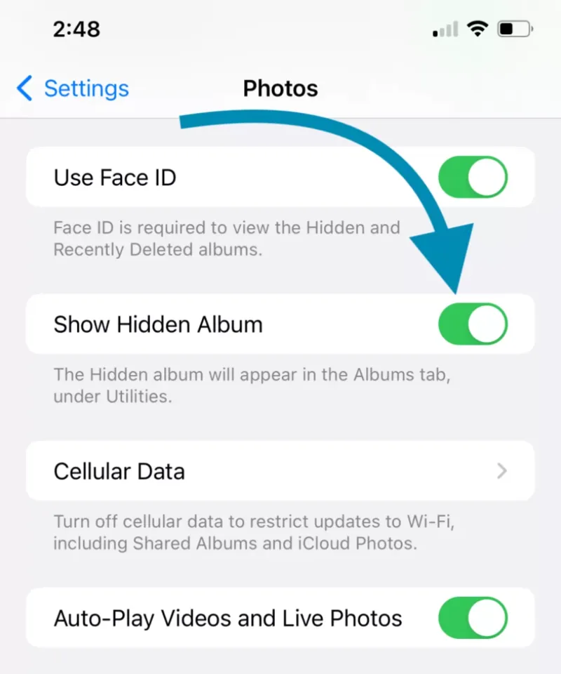 Trước khi tìm cách lấy lại ảnh đã xóa trên iPhone, hãy kiểm tra album Bị ẩn, iCloud Photos và Thư viện được chia sẻ.